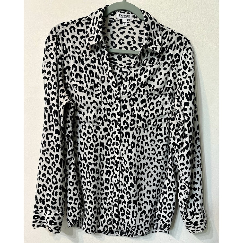 Express Portofino Shirt Womens L Black White Leopard Print Button Down Roll Tab